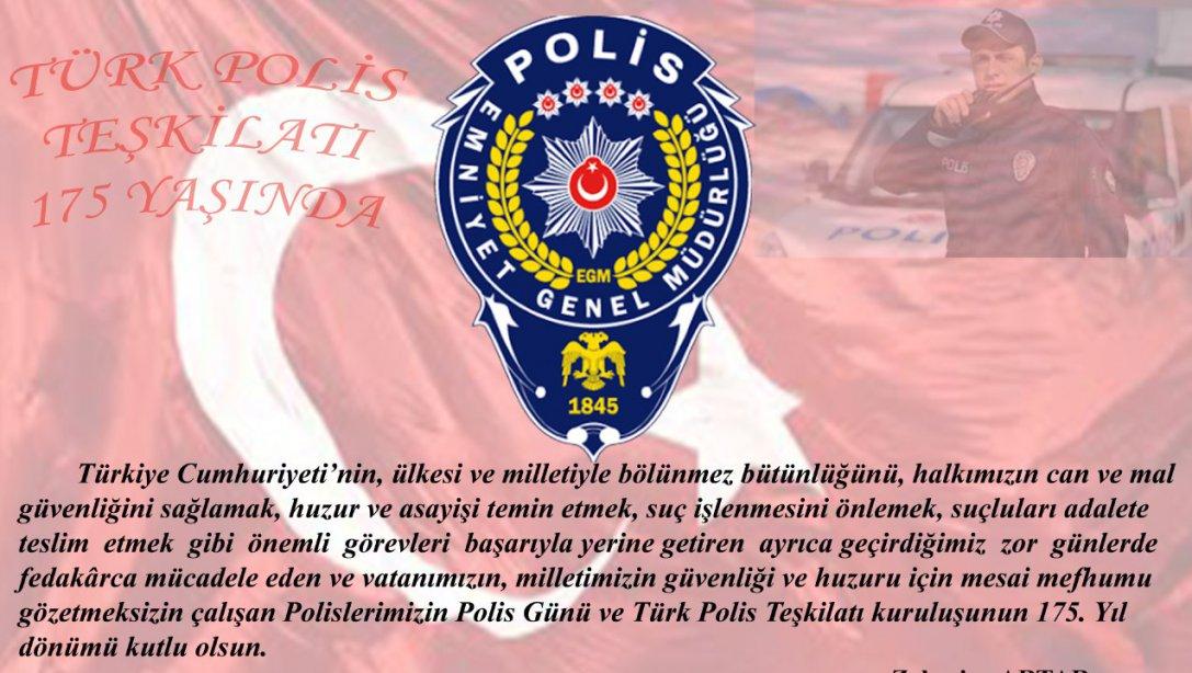 İlçe Milli Eğitim Müdürü Zekeriya ARTAR'ın 10 Nisan Türk Polis Teşkilatının Kuruluşunun 175. Yılı ve Polis Haftası için mesajı.